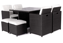 Load image into Gallery viewer, Patio Family 4 Chair Dining set, White cushions, Black Rattan - Hong Kong Rooftop Party