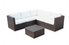 Load image into Gallery viewer, Corner Sofa Set, White Cushions, Brown Rattan - Hong Kong Rooftop Party