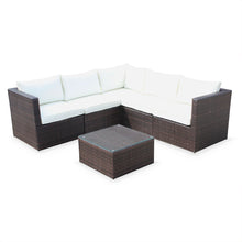 Load image into Gallery viewer, Corner Sofa Set, White Cushions, Brown Rattan - Hong Kong Rooftop Party