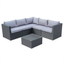 Load image into Gallery viewer, Corner Sofa Set, Grey Cushions, Black Rattan - Hong Kong Rooftop Party
