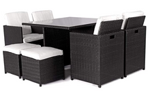 Load image into Gallery viewer, Patio Family 4 Chair Dining set, White cushions, Black Rattan - Hong Kong Rooftop Party
