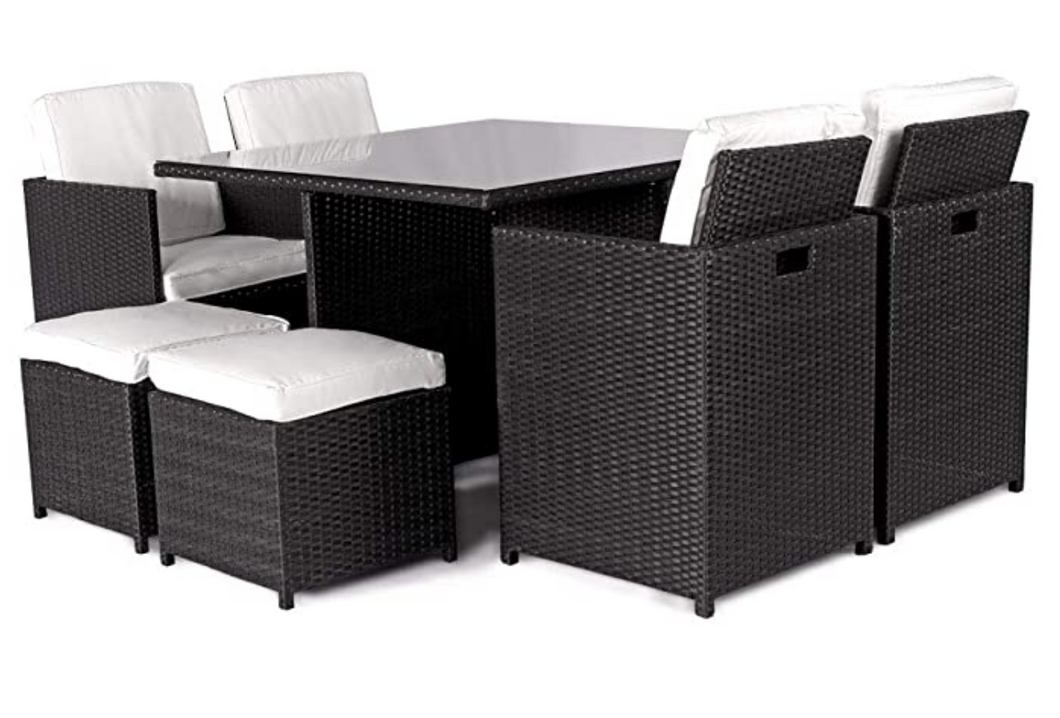 Patio Family 4 Chair Dining set, White cushions, Black Rattan - Hong Kong Rooftop Party