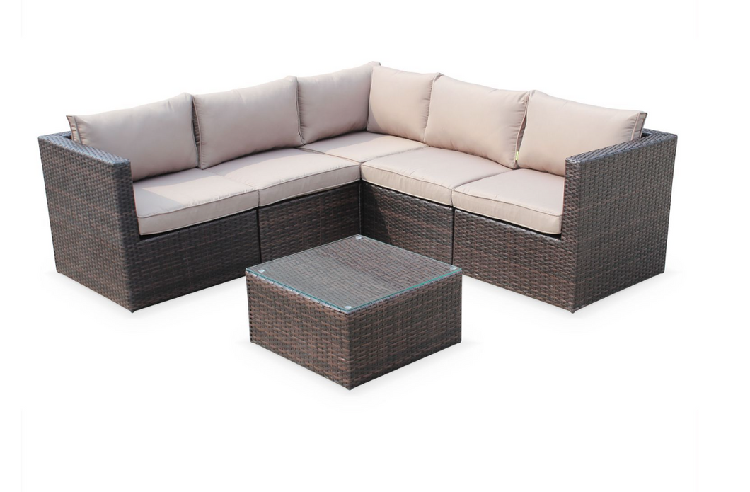 Corner Sofa Set, Beige Cushions, Brown Rattan - Hong Kong Rooftop Party