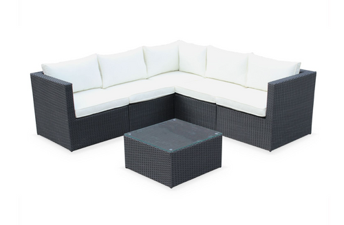 Corner Sofa Set, White Cushions, Black Rattan - Hong Kong Rooftop Party