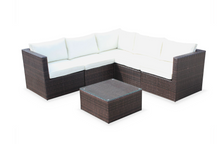 Load image into Gallery viewer, Corner Sofa Set, White Cushions, Brown Rattan - Hong Kong Rooftop Party
