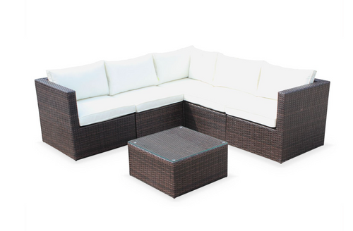 Corner Sofa Set, White Cushions, Brown Rattan - Hong Kong Rooftop Party