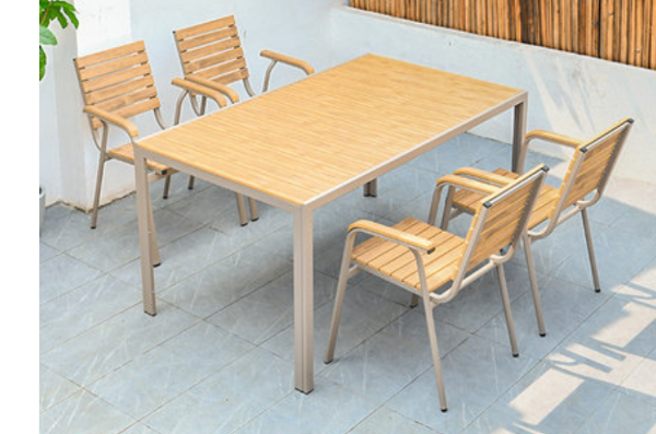 Aluminum Light Brown Polywood Dining Set, 4 Chairs 150cm Table - Hong Kong Rooftop Party