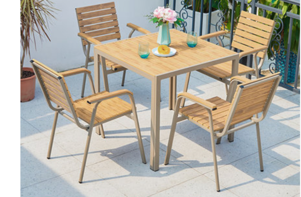 Aluminum Light Brown Polywood Dining Set, 4 Chairs 80cm Table - Hong Kong Rooftop Party