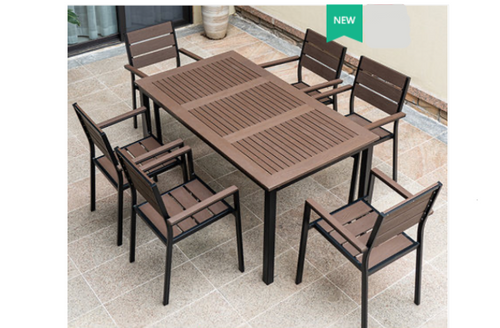 Aluminum Brown Polywood Dining Set, 6 Chairs 160cm Table - Hong Kong Rooftop Party